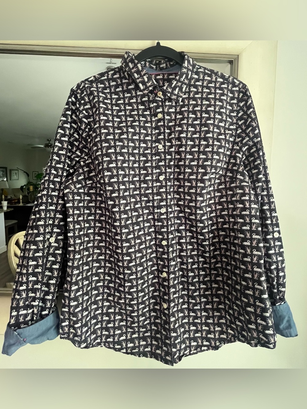 Talbots Navy 100% Cotton Shirt with White Swan Print Denim Pink Trim Size 14